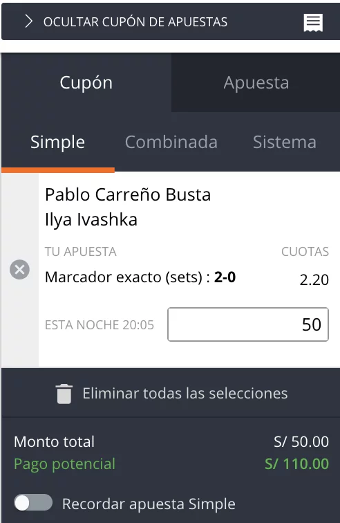 Apuesta simple tenis