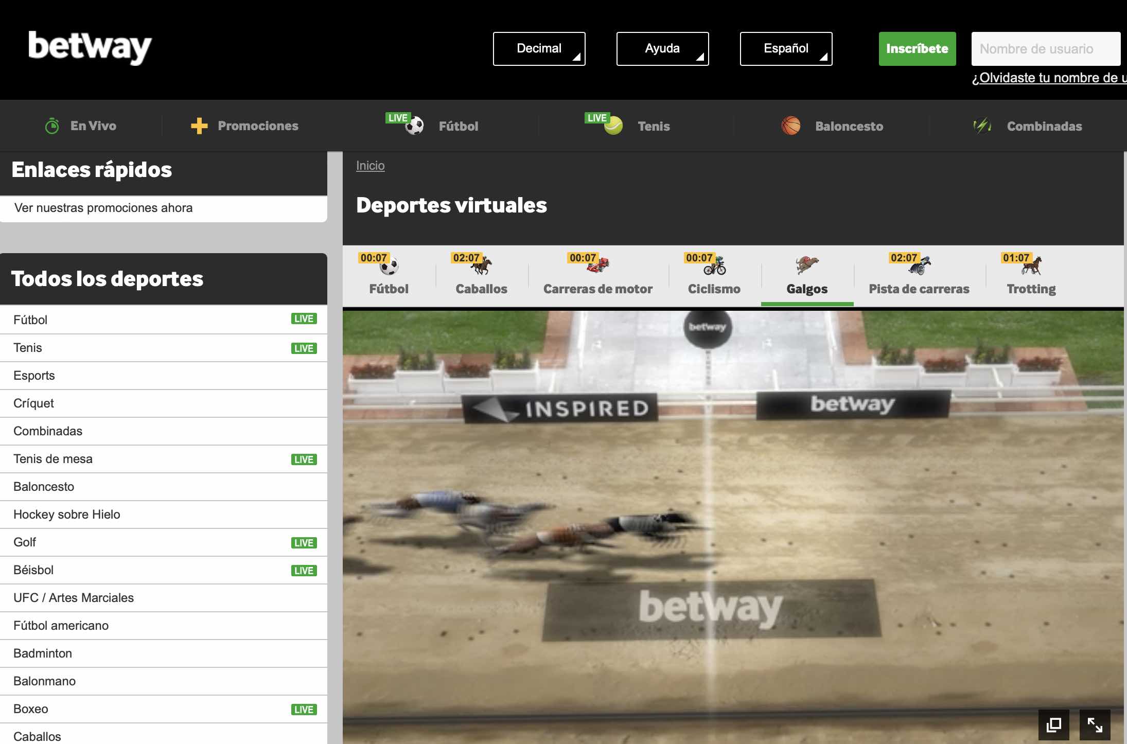 carrera de galgos virtual en betway