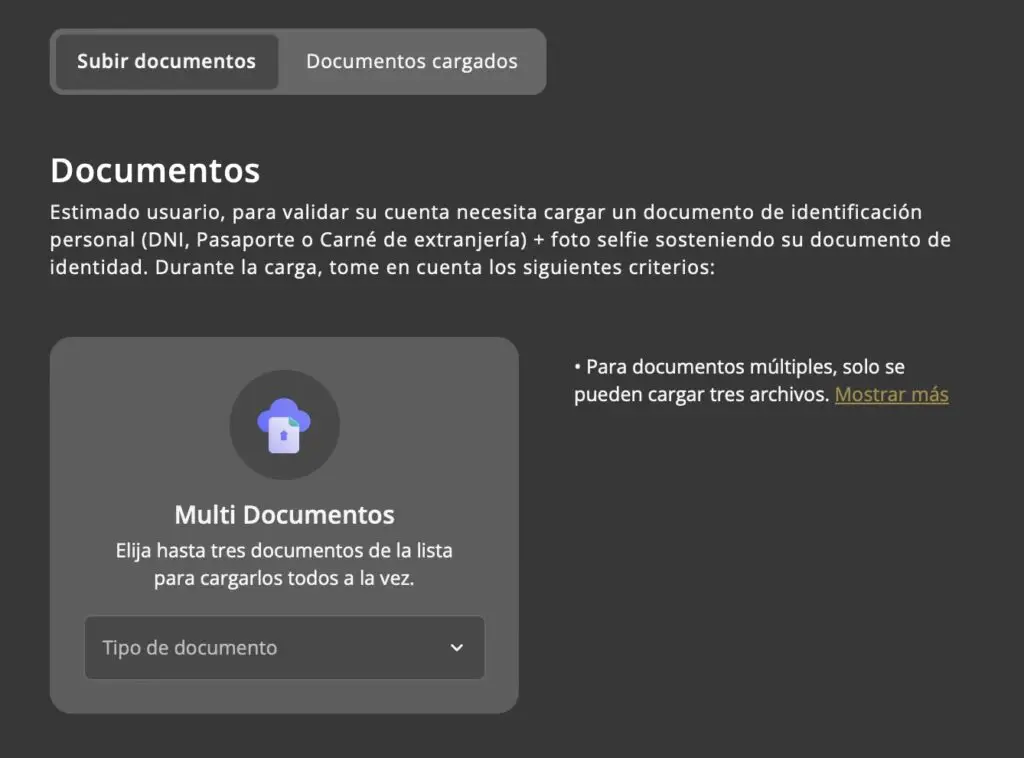seccion de carga de documentos en solbet