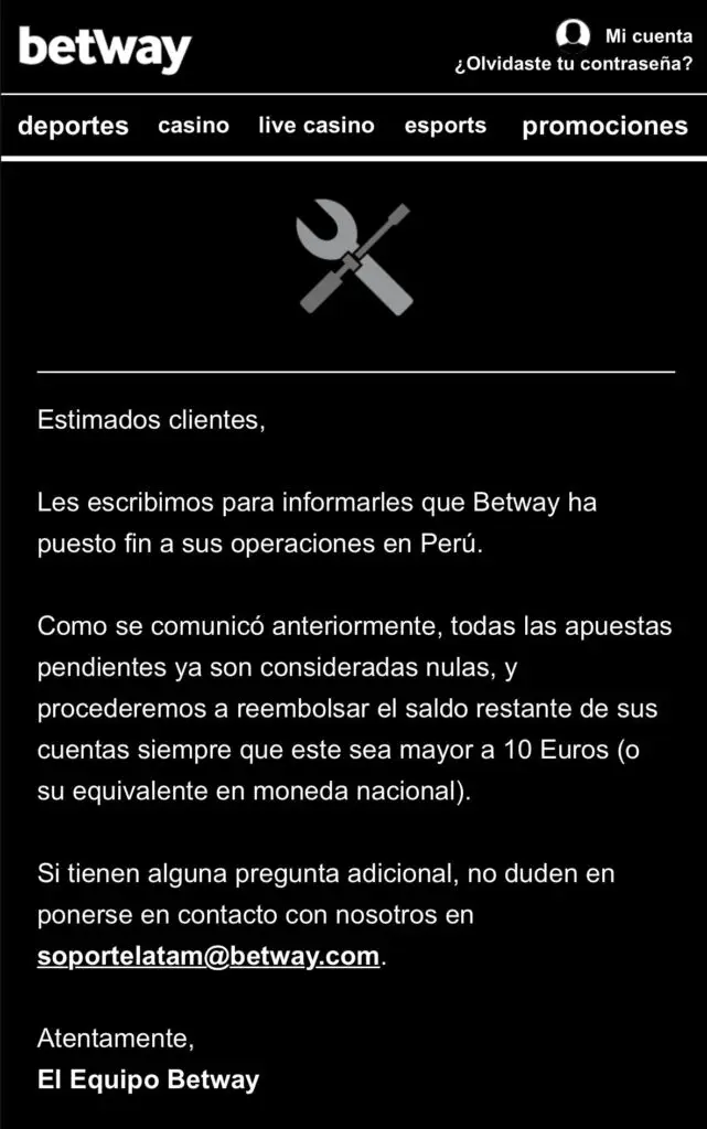 comunicado de betway peru correo