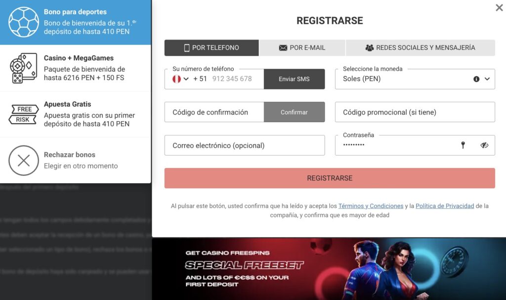 Proceso de registro en Megapari Peru