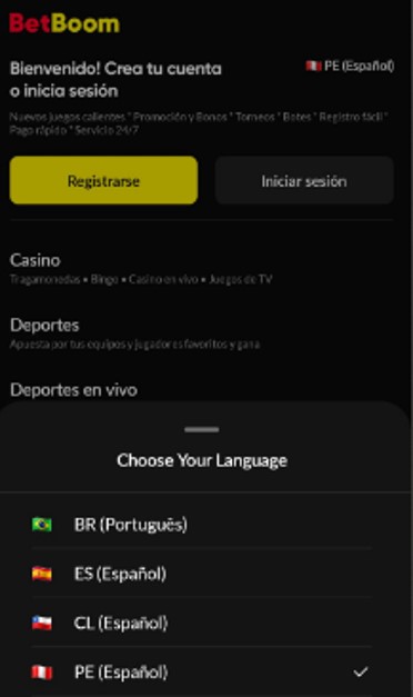 seleccionando idioma en app de betboom