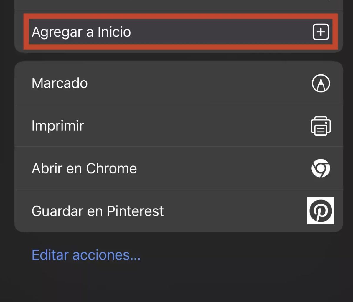 opcion agregar a inicio en iphone