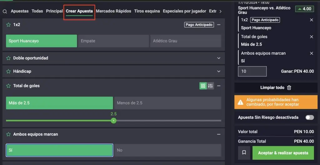 creando una apuesta personalizada en la fija
