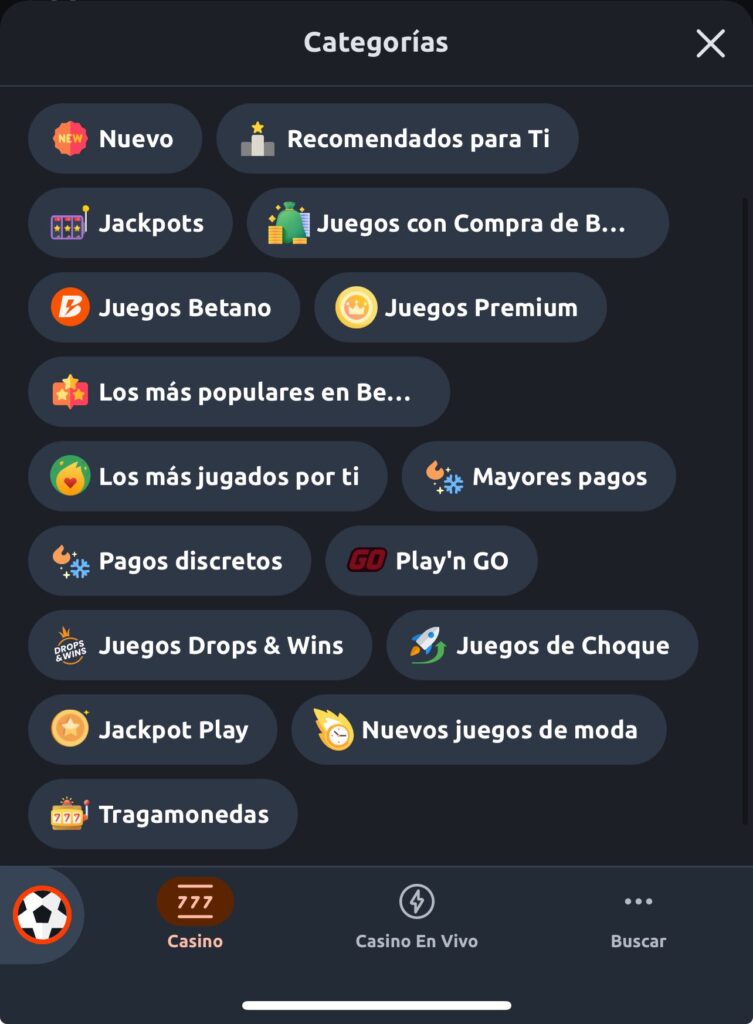 seccion de casino y casino en vivo betano app