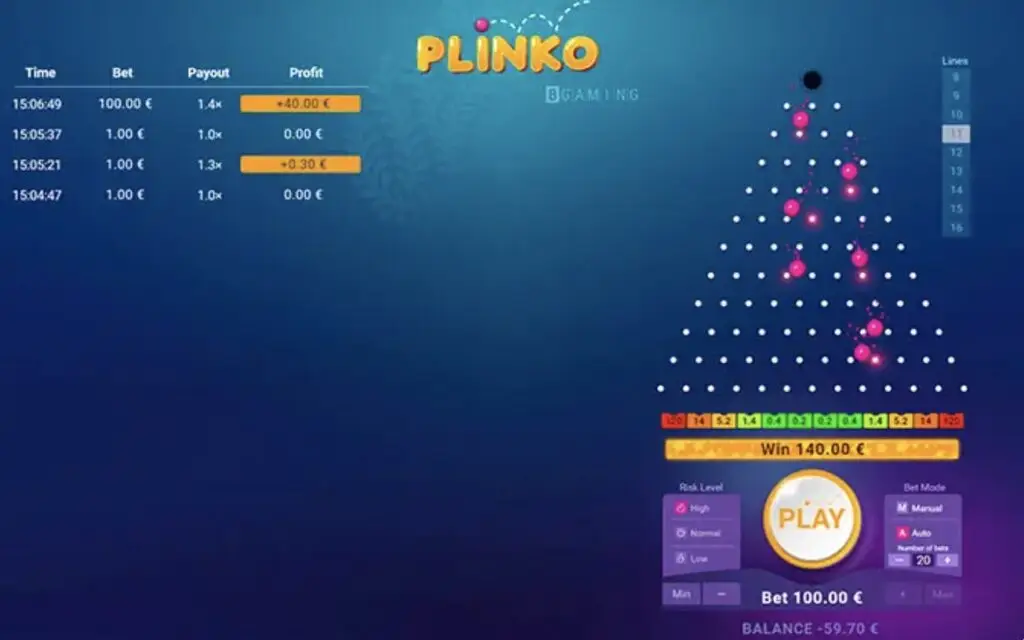 juego plinko de bgaming interfaz
