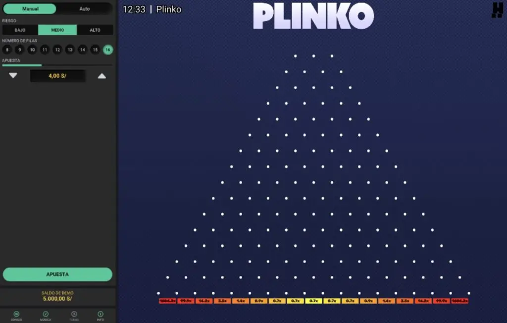 juego plinko de hacksaw gaming interfaz