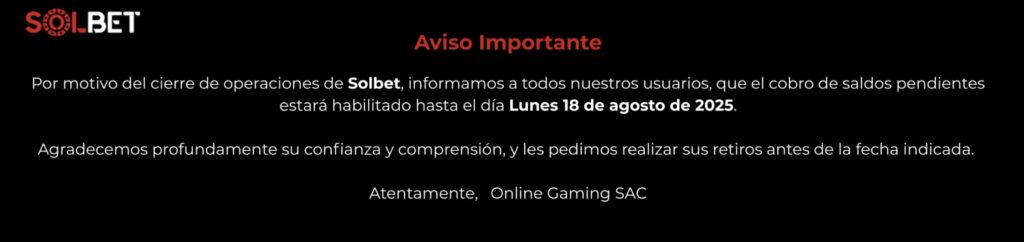 solbet peru comunicado cierre operaciones
