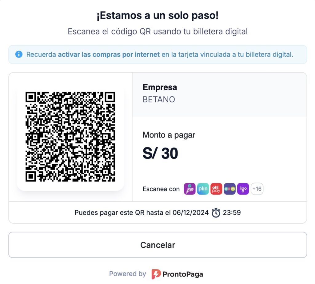 prontopaga en betano con codigo qr