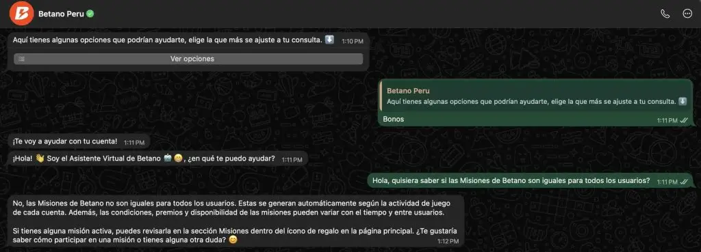 probando el canal de whatsapp de betano